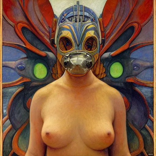 Image similar to the bird queen with her robot mask, by annie swynnerton and diego rivera and elihu vedder and jean delville, symbolist, dramatic lighting, elaborate geometric ornament, head and shoulders view, art brut, soft cool colors, smooth, sharp focus, extremely detailed, adolf wolfli, donato giancola