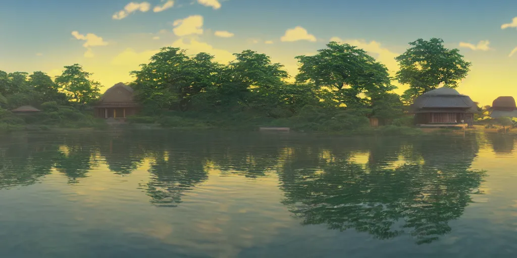 Image similar to a serene landscape with singular building near a lake with lotus at sunrise, pixar style, ghibli studio anime style, 8 k, hdr, octane render, unreal