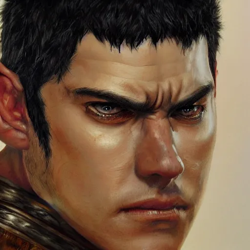 Image similar to oil painting portrait of guts from berserk extremely detailed, made by wlop and maxwell boas