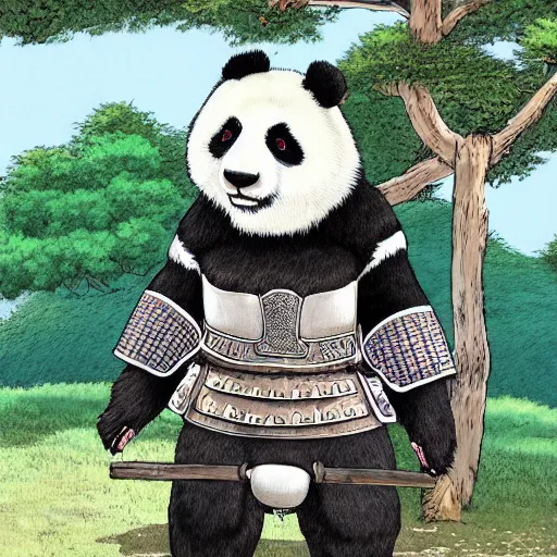 panda bear wearing samurai armor standing in a ancient