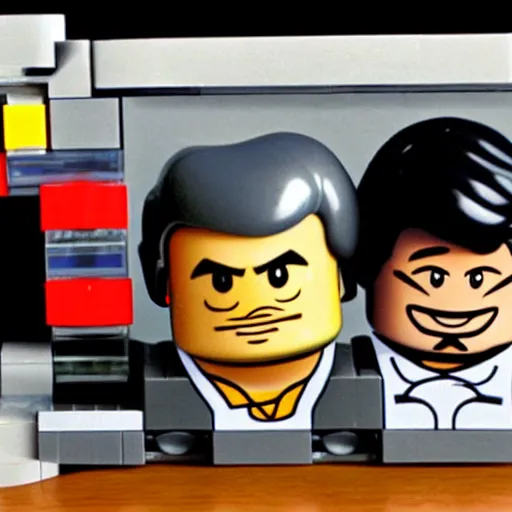 Image similar to steve jobs and steve wozniak inventing apple ii, lego set,