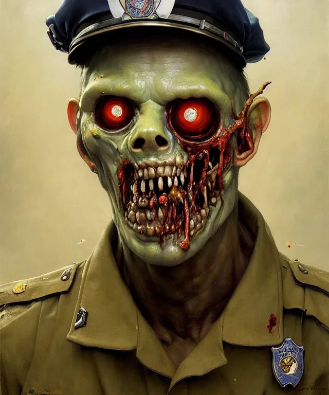 Prompt: painting of a rotting slimy zombie wearing a cop uniform by edgar maxence and rhads and leyendecker. police, award - winning digital art on pixiv, trending on artstation, cinematic lighting, dramatic lighting, stunning and beautiful scenery - highly detailed, hyperrealistic, unreal engine 5