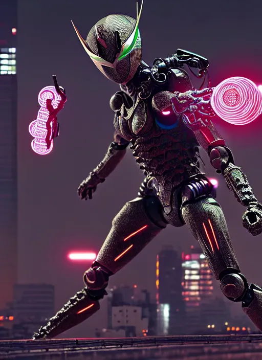 Image similar to kamen rider action pose, human structure insects concept art, full body hero, intricate detail, art and illustration by irakli nadar and kim hyung tae and alexandre ferra, global illumination, on tokyo cyberpunk night rooftop