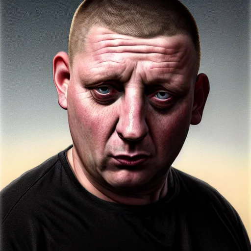 Prompt: photo portrait of shaun ryder with a buzzcut screaming and staring into the horizon, realistic, hyperrealistic, 8 k resolution, hd quality, very detailed, highly detailed, intricate details, real life, real world, trending on artstation, digital art, really realistic, very realistic, headshot, head in frame, photograph, portrait, head in frame
