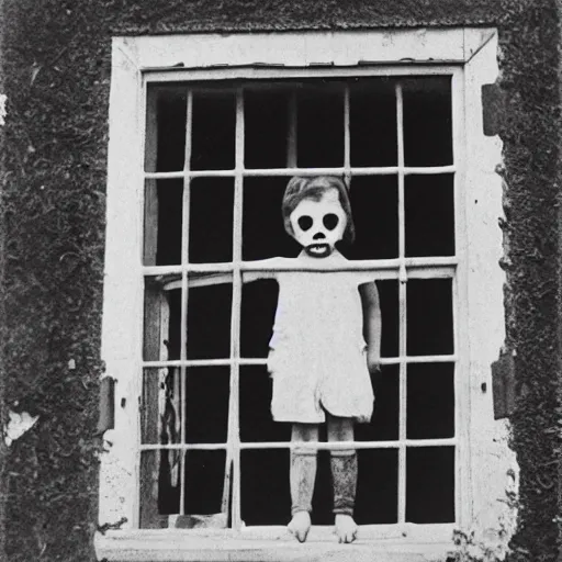 Image similar to creepy child standing behind a window of an old villa. 1 9 2 0 s black and white photo taken from outside. eerie, foggy.