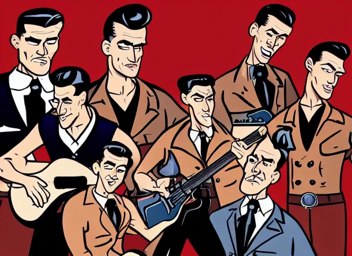 Image similar to rockabilly band in the style of archer cartoon, 1950s