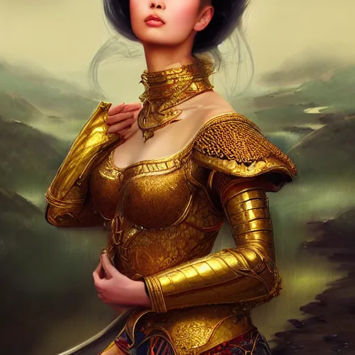 Image similar to beautiful realistic portrait of a gorgeous mongolian princess in a sensual pose covered with golden ornate armor, centered face, with full makeup, atmospheric lighting, intricate, volumetric lighting, beautiful, sharp focus, ultra detailed, in the art style of bowater, charlie, brom, gerald, lake baikal in the background, astrophotography