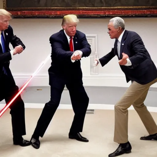 Image similar to photo of putin, trump, obama and bush having a lightsaber fight