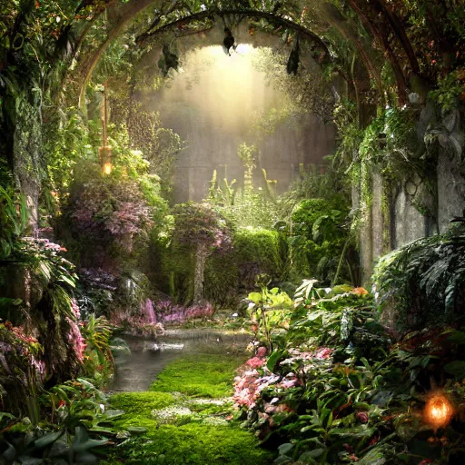 Image similar to mystical and beautiful secret garden, hyperrealistic photograph, dim volumetric lighting, 8 k, octane beautifully detailed render, extremely hyper detailed, intricate, epic composition, cinematic lighting, masterpiece, trending on artstation, very very detailed, stunning, hdr, smooth, sharp focus, high resolution, award, winning photo, dslr, 5 0 mm