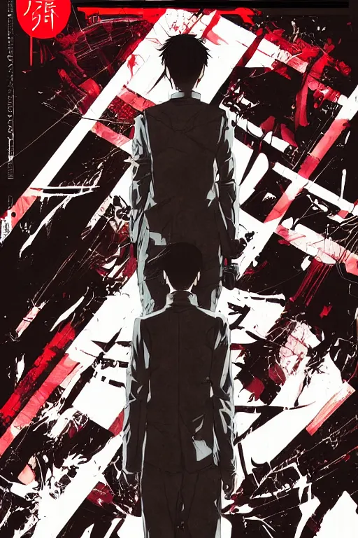 Image similar to professionally drawn seinen mature cyberpunk horror detective action manga comic cover, full color, beautifully drawn coherent professional, drawn by ilya kuvshinov, ilya kuvshinov, and hiromu arakawa and tsutomu nihei. japanese script kanji hiragana on the cover. simplistic minimalist cover art. stylized stylistic.