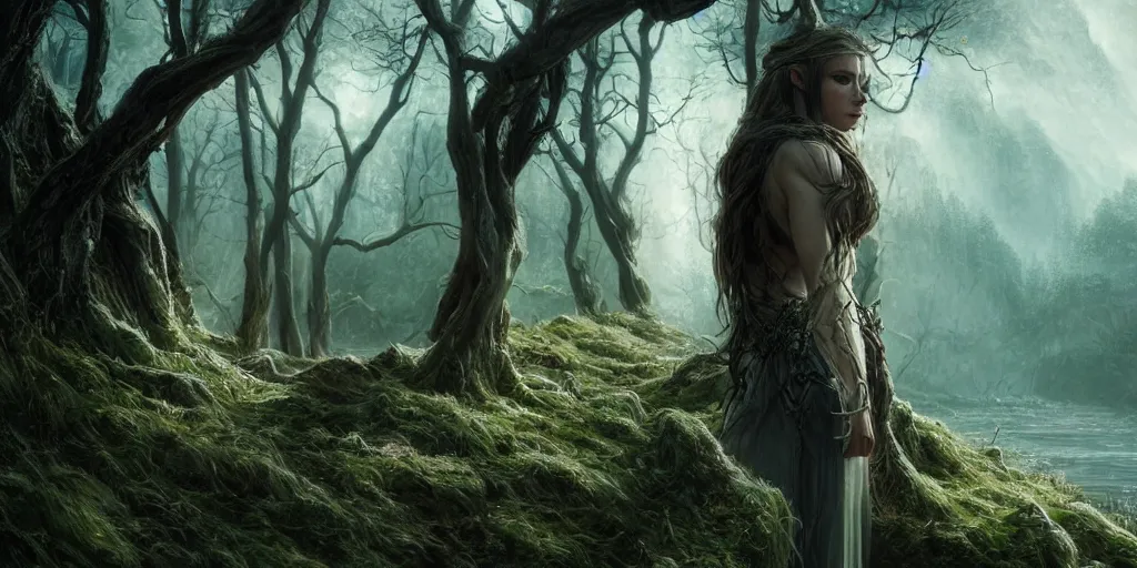 Prompt: an ultra realistic, cinematic, fantasy portrait, of an elden ring elf, branches, facial features, background of a vast serene landscape, with trees and rivers, detailed, deep focus, movie still, dramatic lighting, ray tracing, by wlop and ross tran