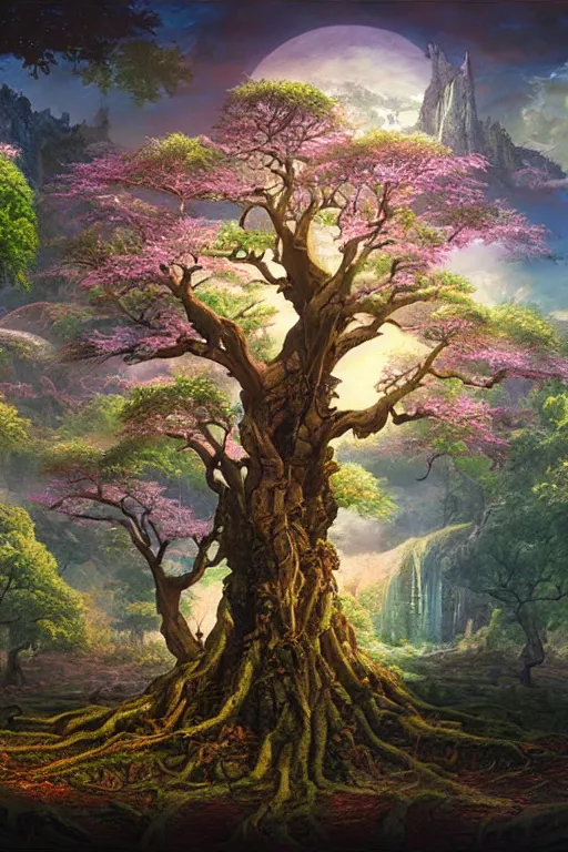 Image similar to tree of life, four seasons, volymetric light, highly detailed matte painting by ohrai, charlie bowater and mark brooks