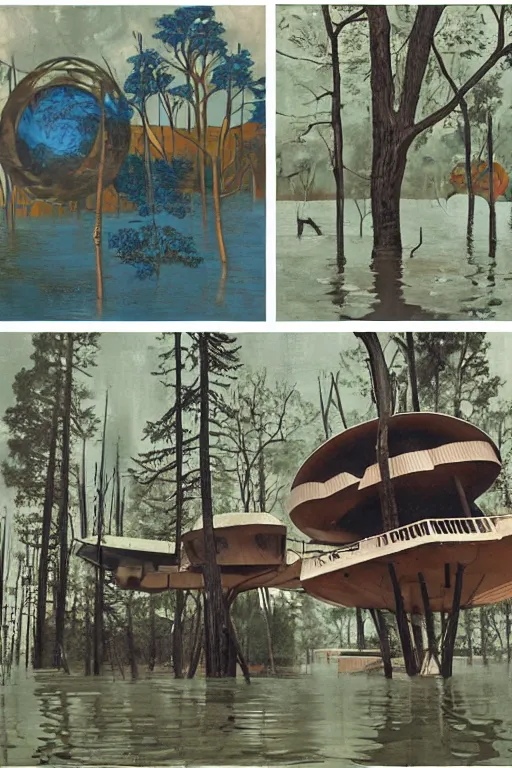 Image similar to spherical tree houses in flooded street ( ( ( ( painting by aaron douglas ) ) ) ) painting by h. r. giger painting by alvar aalto