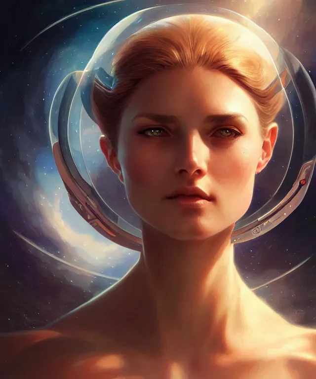 Image similar to futuristic space woman portrait, sci-fi, amber eyes, face, long hair, fantasy, intricate, elegant, highly detailed, digital painting, artstation, concept art, smooth, sharp focus, illustration, art by artgerm and greg rutkowski and alphonse mucha