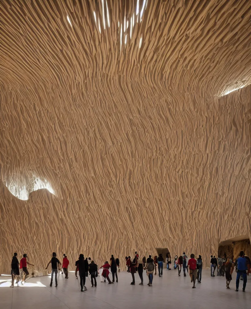 Image similar to indoor photo of a complex cultural building made of fractal rammed earth, people walking