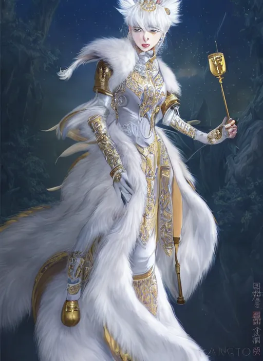 Image similar to commissioned full body furry portrait of a female anthro wolf-headed princess fursona with white hair wearing a white and gold chinese armored dress in a white and gold palace, by a professional manga illustrator, Stanley Artgerm Lau, WLOP, Rossdraws, James Jean, Andrei Riabovitchev, Marc Simonetti, and Sakimichan, trending on artstation