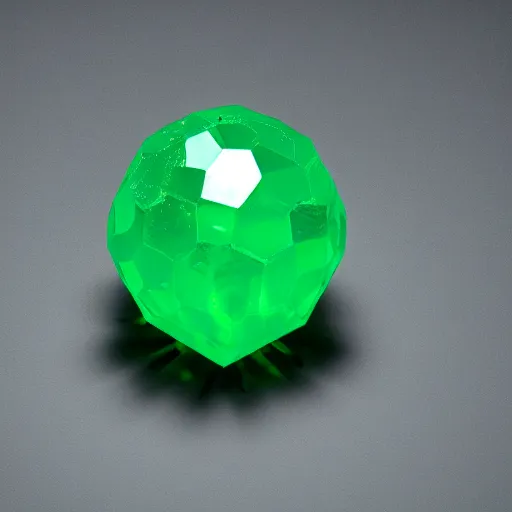 Image similar to glowing green polygonal emerald crystal ball in the dark