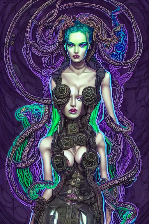 Prompt: Perfectly-centered Hyperdetailed symmetrical cinematic RPG portrait-illustration of a beautiful aetherpunk cyberpunk Medusa in a long dark otherworldly dress while her hair are huge ravepunk snakes. She's standing next to lovecraftian towers in a surreal landscape, style of an epic sci-fi comic-book cover, 3D rim light