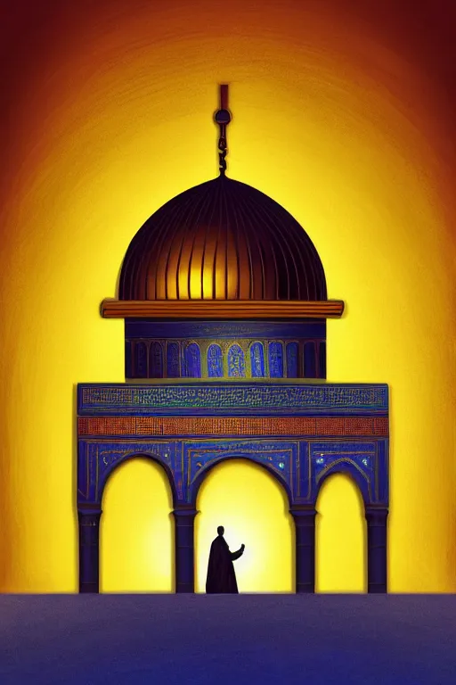 Image similar to a beautiful oil painting flyer design illustration of dome of the rock jerusalem and a silhouette of muslim is praying to god in front of it, intricate, elegant, glowing lights, highly detailed, digital painting, artstation, concept art, smooth, sharp focus, illustration, in the style of martin johnson heade and mark ryden