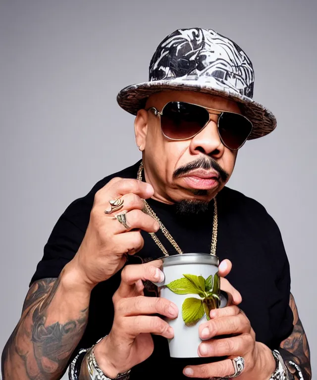 Image similar to ice - t rapper on the side of a mug full of iced tea, product showcase, studio lighting