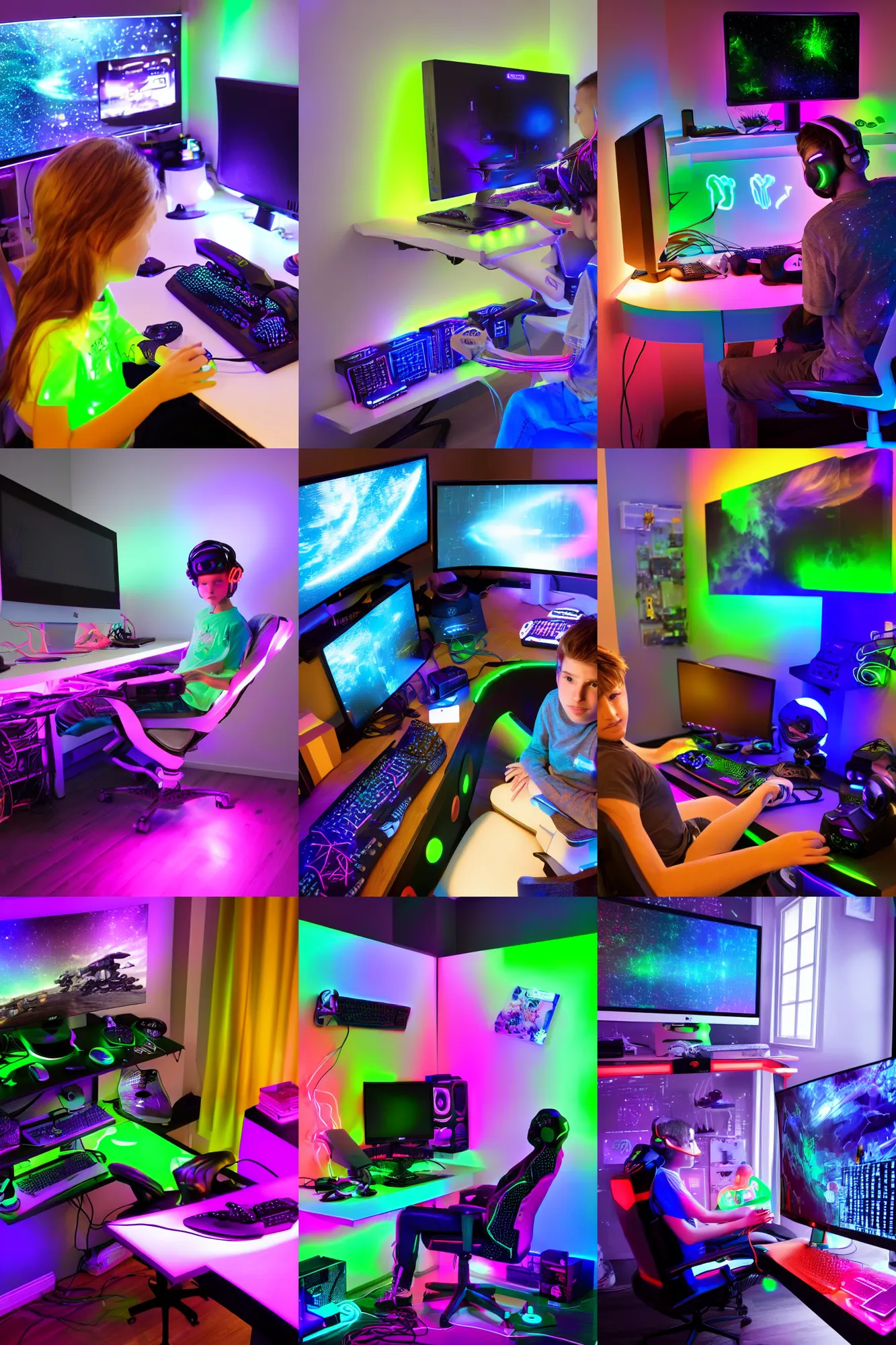 Prompt: young gamer sitting in gaming chair + neon rgb light strips, large computer monitor, galaxy themed room, 4 k, award winning