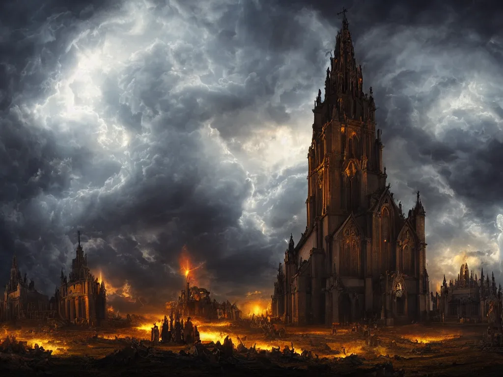 Prompt: an epic matte painting of heaven versus hell, a big church buening in the middle of the frame, master shot, massive, cinematic lighting, high definition,, symmetrical, clouds, darkness, 8 k