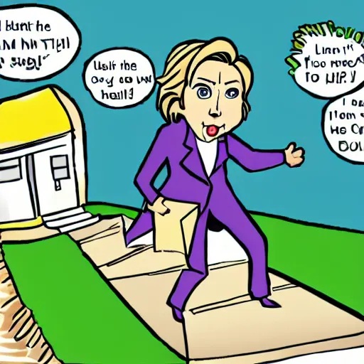 Image similar to large hillary clinton chasing after anthropomorphic envelopes running away in fear, cute cartoon artstyle, green sunny hills