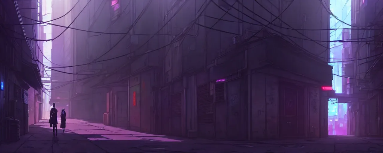 Prompt: city alleyway in the atmospheric cyberpunk anime film, gouache matte background painting, neon noir, at night with lights, by makoto shinkai, in the anime series ergo proxy, beautiful specular edge highlights and rim lighting