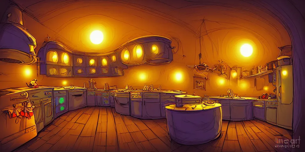 Prompt: curved perspective digital art of a dim lit kitchen from Tim Burtons Nightmare Before Christmas by Petros Afshar