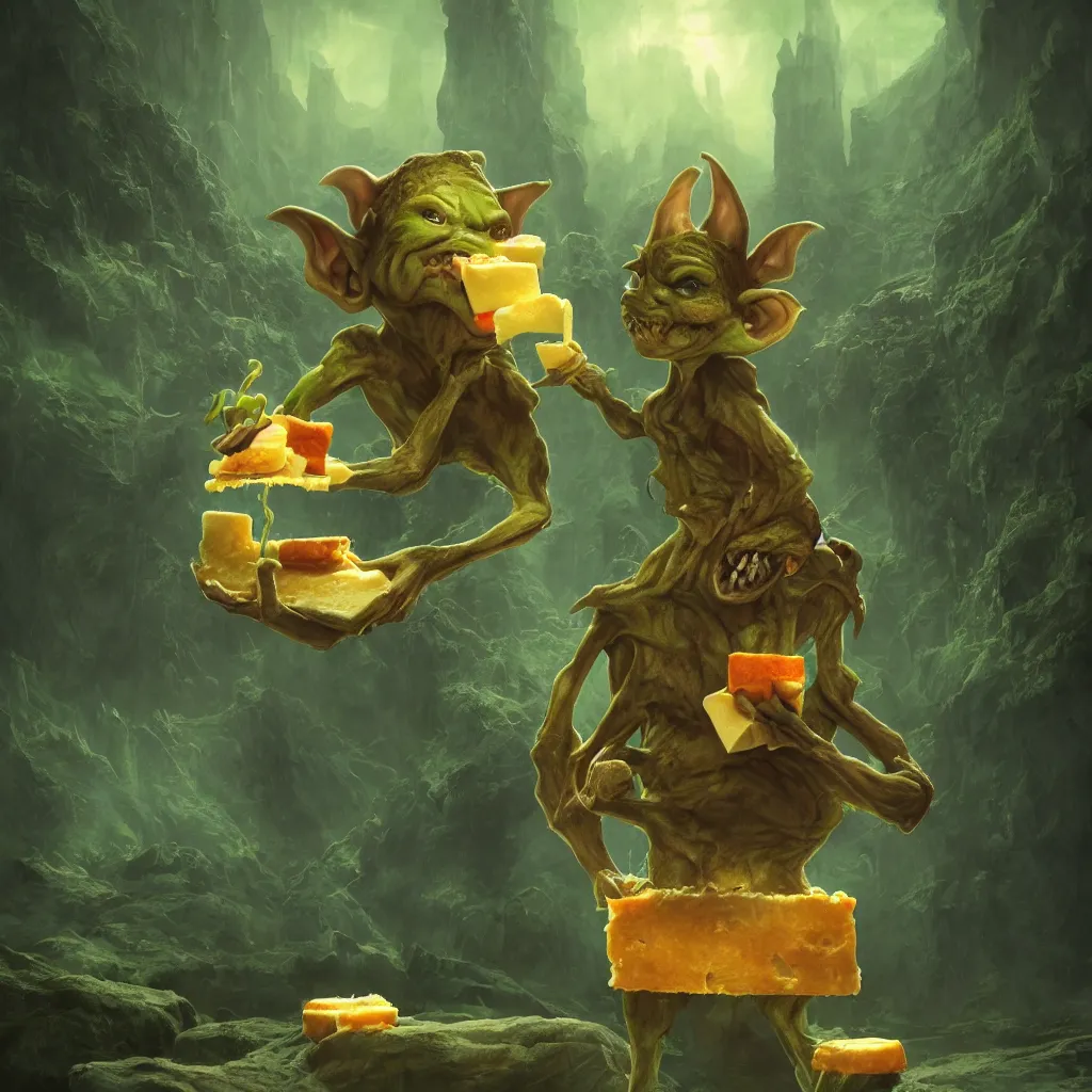 Image similar to Photorealistic fantasy painting of one single goblin holding swiss cheese. Ominous green mist in the background. Magical occult photorealism, UHD, amazing depth, glowing, golden ratio, 3D octane cycle unreal engine 5, volumetric lighting, cinematic lighting, cgstation artstation concept art