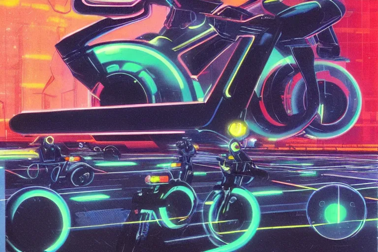 Image similar to 1979 OMNI Magazine Cover of a set of Tron Light Cycles on the Grid. in cyberpunk style by Vincent Di Fate