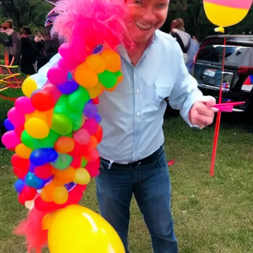 Prompt: Dan O'Dowd dressed as a clown making ballon animals at a children's birthday party