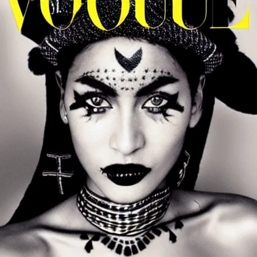 Prompt: a beautiful professional photograph by hamir sardar, herb ritts and ellen von unwerh for the cover of vogue magazine of a beautiful and unusually attractive native yanomami female fashion model with a face tattoo looking at the camera in a flirtatious way, leica 5 0 mm f 1. 8 lens