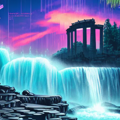 Image similar to ancient structures and waterfalls, retrowave epic art, trending on art station