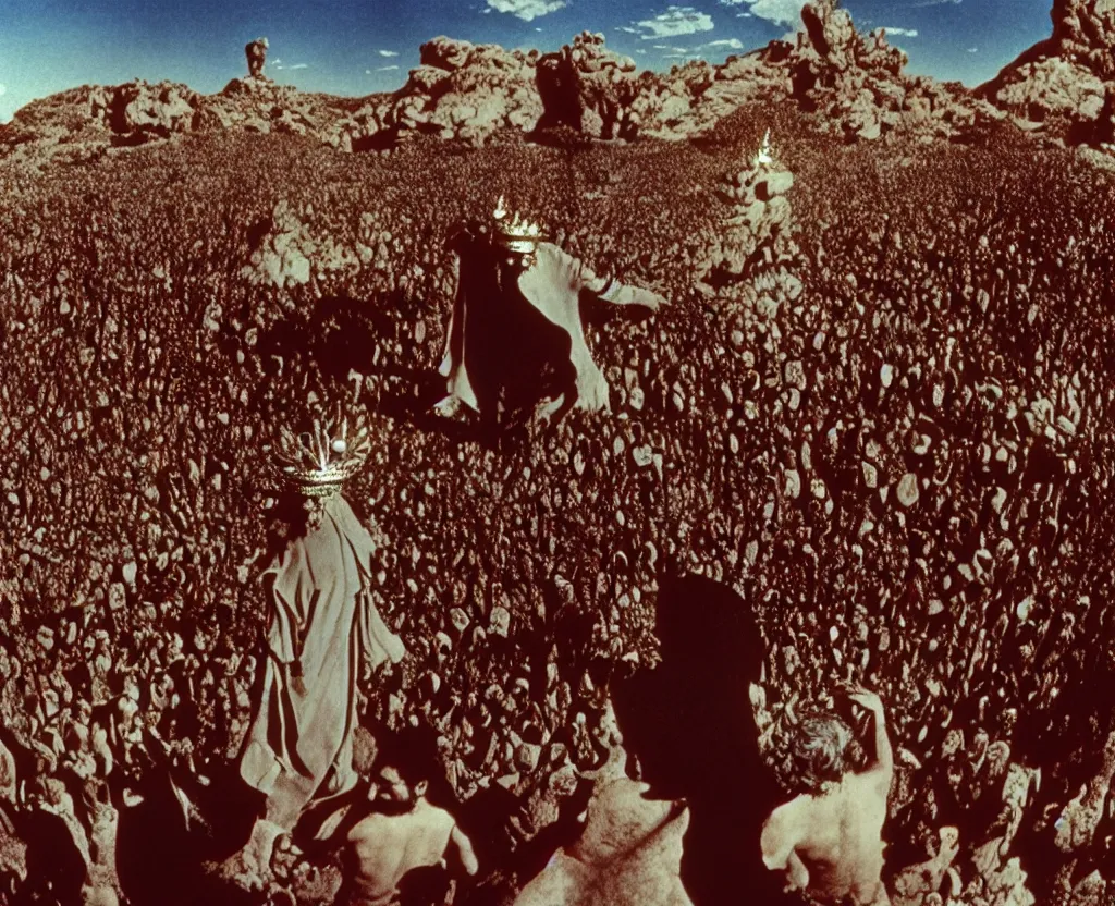 Prompt: salvador dali wearing a crown and jewels in front of a huge crowd in a dry rocky desert landscape, film still from the movie by alejandro jodorowsky with cinematogrophy of christopher doyle and art direction by hans giger, anamorphic lens, kodakchrome, very detailed photo, 8 k