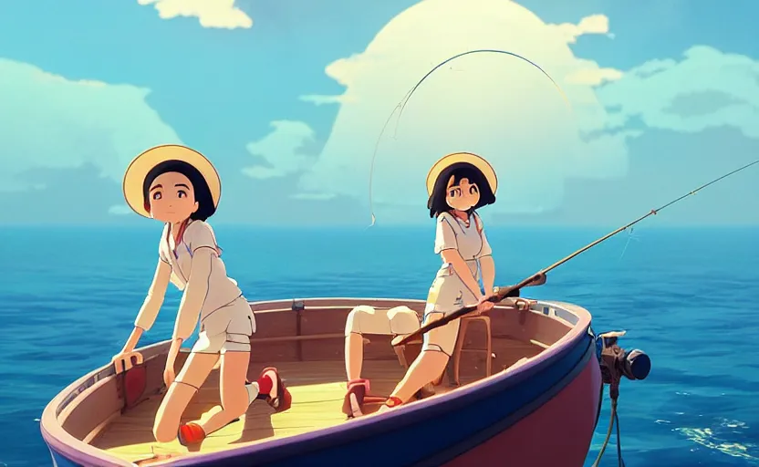 Image similar to a movie still from a space opera studio ghibli animation of a cute woman on a fishing boat wearing a sunhat, studio ghibli, pixar and disney animation, sharp, rendered in unreal engine 5, anime key art by artgerm and pascale campion, beautiful dramatic lighting