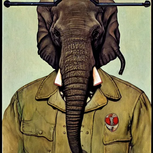 Image similar to an elephant-headed aviator, art by Norman Rockwell