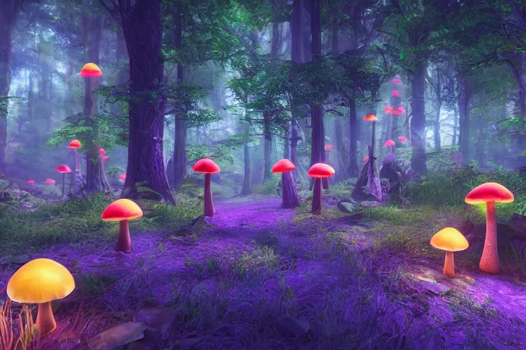 Prompt: A Pug walking in an enchanted fantasy forest. Glowing mushrooms. Colorful. Cinematic lighting. Photorealism.