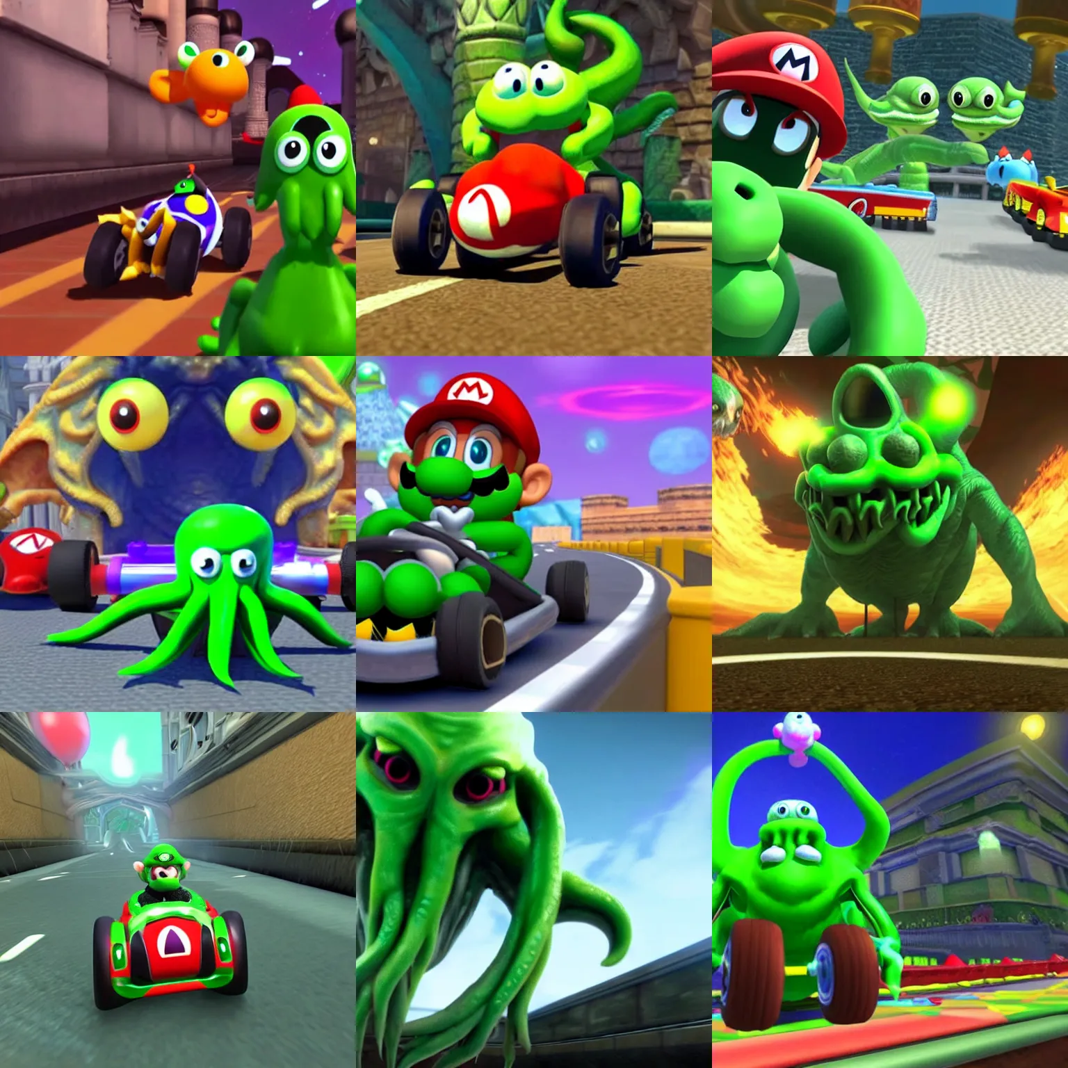 Prompt: still image of cthulhu as a playable character in mario kart, unreal engine