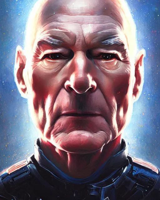 Prompt: a highly detailed portrait of Sir Patrick Stewart as Captain America, by greg rutkowski and android jones in a surreal portrait style, oil on canvas, ancient cyberpunk 8k resolution, masterpiece