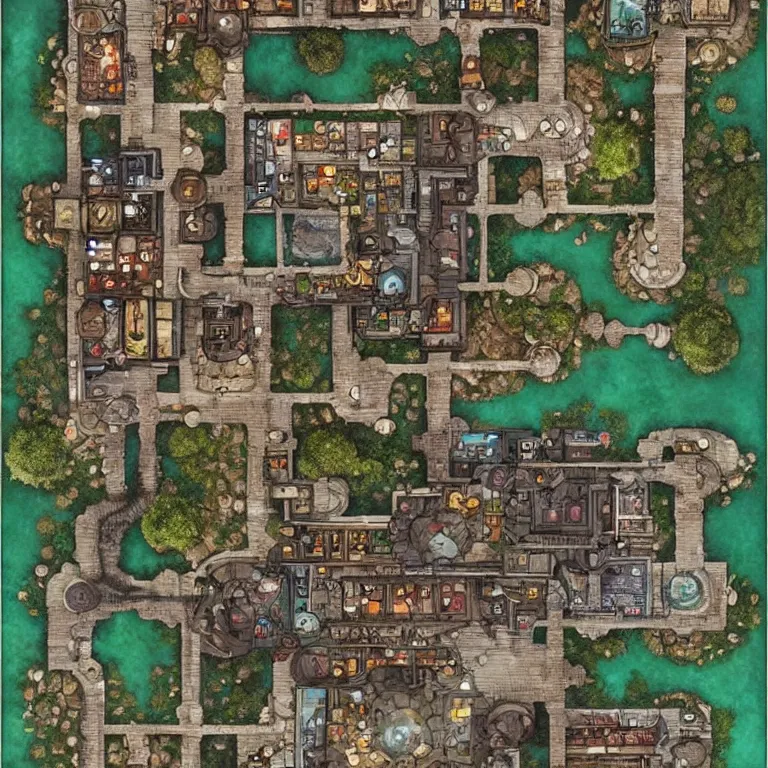 Prompt: full - color fantasy floor plan of a bustling merchant village with a bridge over a river to the north, d & d, pathfinder, by jeff todd and greg rutkowski, trending on artstation, pinterest