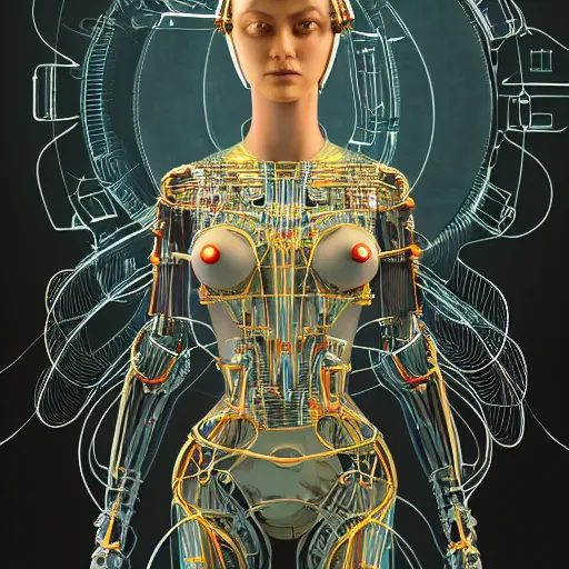 Image similar to a beautiful body of a bot pilot woman mostly made of wires and electronic circuits, an ultrafine detailed illustration by james jean, final fantasy, intricate linework, bright colors, behance contest winner, vanitas, angular, altermodern, unreal engine 5 highly rendered, global illumination, radiant light, detailed and intricate environment