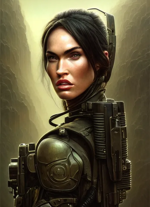 Image similar to closeup portrait shot of megan fox swat team soldier in a scenic dystopian environment, intricate, elegant, highly detailed, centered, digital painting, artstation, concept art, smooth, sharp focus, illustration, artgerm, tomasz alen kopera, peter mohrbacher, donato giancola, joseph christian leyendecker, wlop, boris vallejo