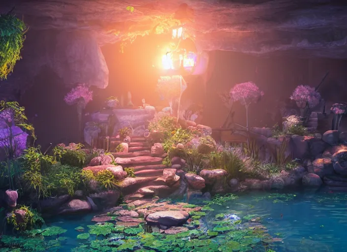 Prompt: magical mine illustration. fantasy, dramatic lighting, 8 k, sharp focus, global illumination, unreal engine, detailed and intricate environment, koi pond