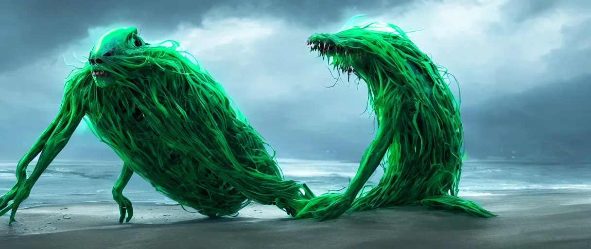 Image similar to a stunning cinematic extreme wide shot of an adorable confused slick sleek smooth green and blue humanoid sea monster wearing clothes made of seaweed on a dark stormy beach, well designed perfect with huge luminous sad eyes, sharp claws, cgsociety, hd octane render, fantasy, furry art, artstation, deviantart, furaffinity, very very clean, super smooth, thunderclouds