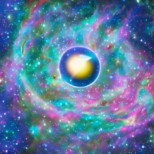 Image similar to a picture of a morning breakfast table with a cereal bowl with a nebula inside, highly intricate and colorful, nebula, galaxy, highly detailed illustration