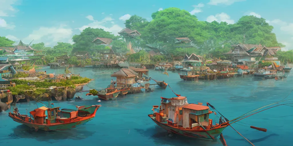 Prompt: pulau indah fishing town in the morning, detailed matte painting, studio ghibli, artstation