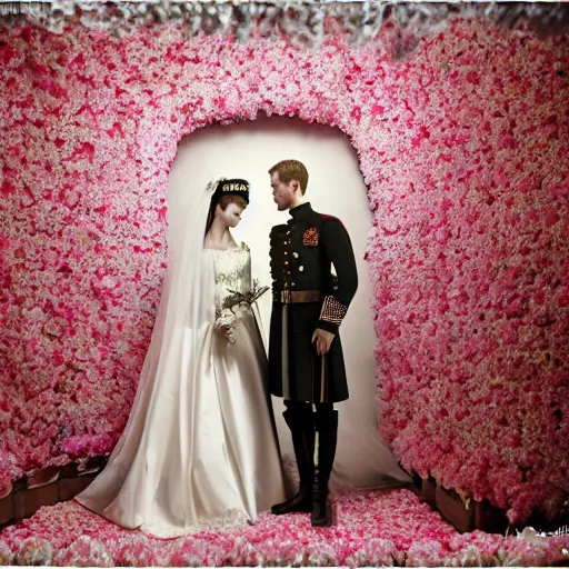 Prompt: A wide full shot, colored Russian and Japanese mix historical fantasy a photograph portrait taken of inside the royal wedding floral covered chapel, photographic portrait, warm lighting, 1907 photo from the official wedding photographer for the royal wedding.