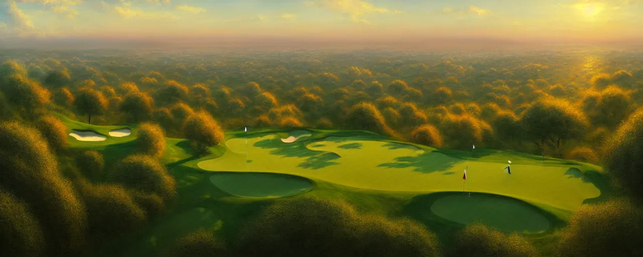 Image similar to Concept art, beautiful painting of a small golf course in the midst of huge mega city nearby the sea, 8k, Jeremy Cheung, greg rutkowski, artstation, aerial view, wide angle, 18mm, cinematic shot, golden hour, ArtStation