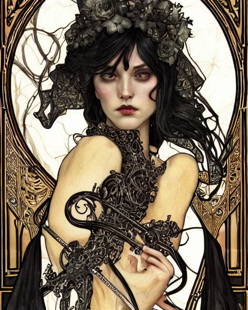 Image similar to a skeleton in a black cloak, highly detailed, very intricate, art nouveau, gold filigree, left right symmetry, tarot concept art watercolor illustration by mandy jurgens and alphonse mucha and alena aenami, featured on artstation